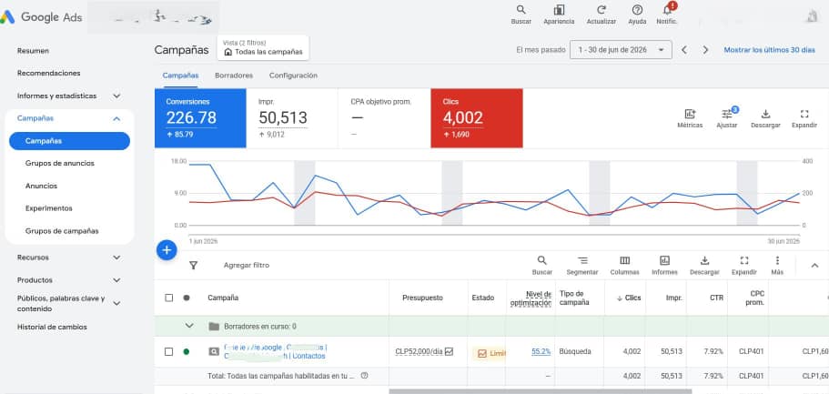 Captura de Google Ads con conversiones y clics